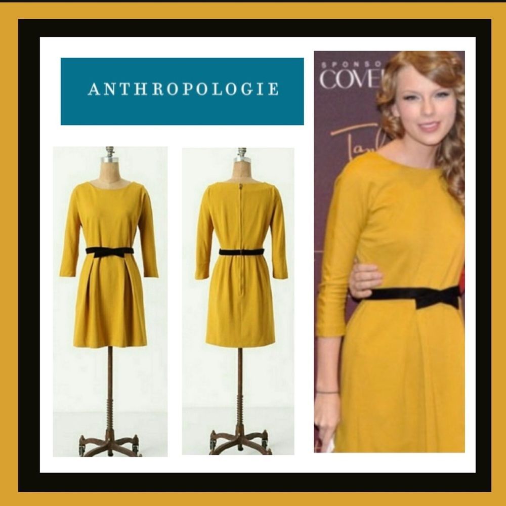 Anthropologie Girls of Savoy Gold Fluted Ponte Dress w/ Dark Brown Belt Size S